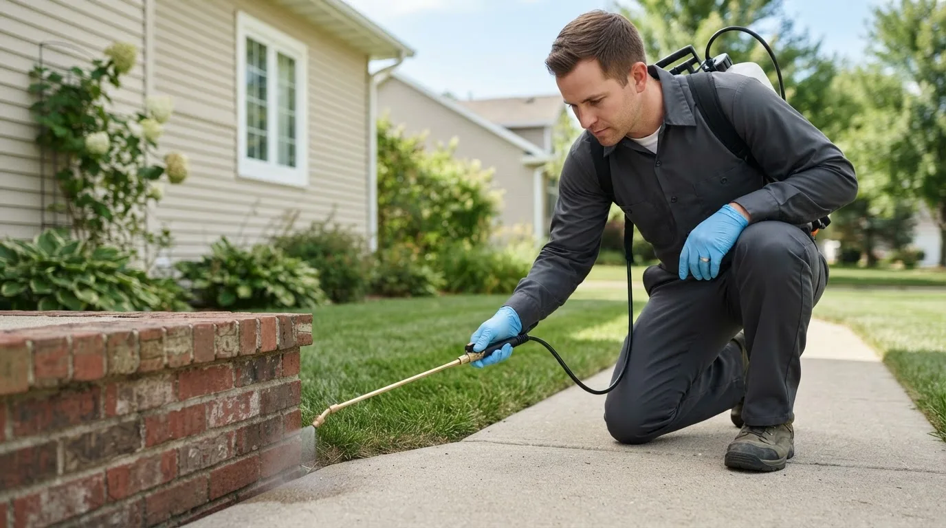 Pest control technician treating a home near Davis Junction, IL