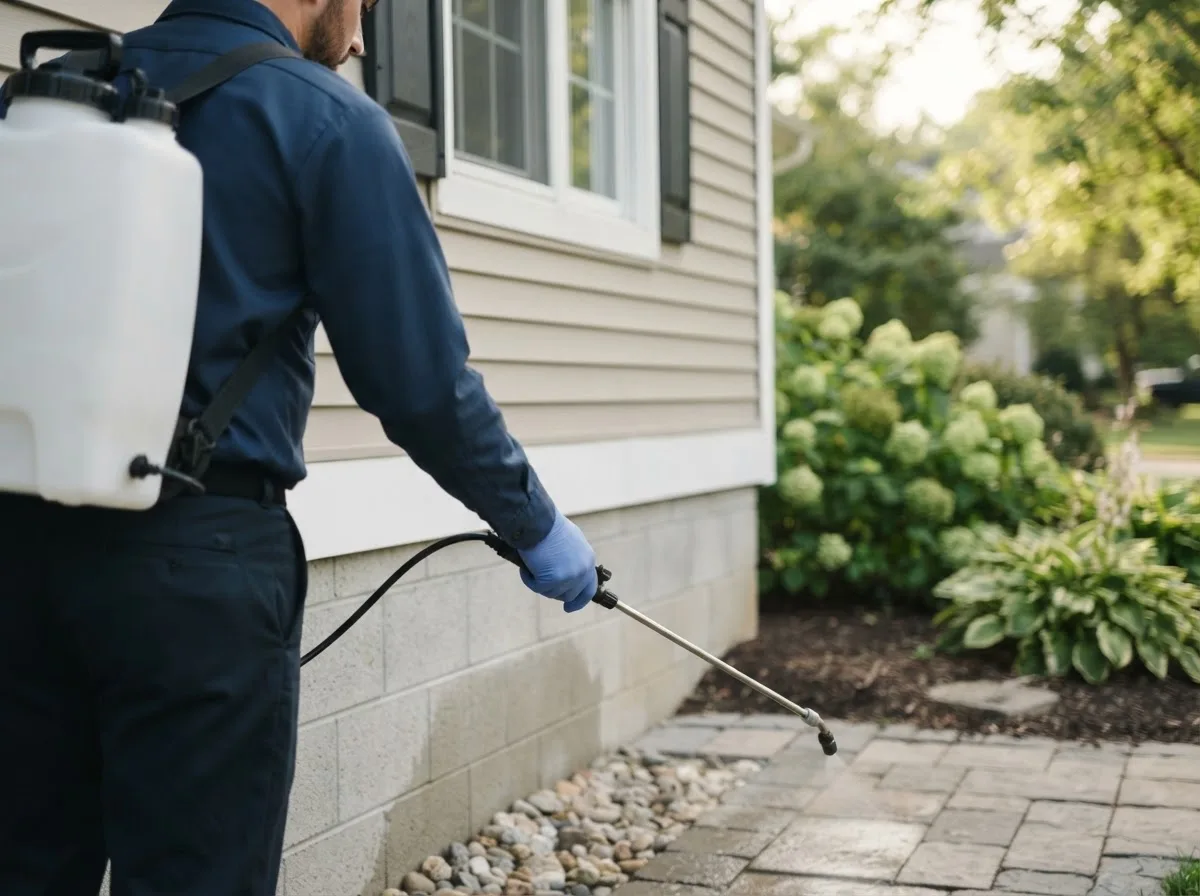Pest control technician inspecting a home in Davis Junction, IL